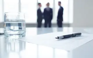 A glass of water and a pen in the foreground, with a group of three businesspeople talking in the background