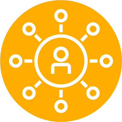 icon-about-client-obsessed Yellow icon showing a person surrounded by a network of people